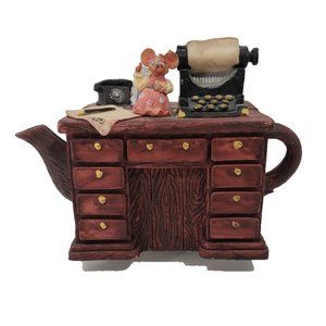 Vintage Music Box Teapot Desk with Mouse & Typewriter Music Box Works Song 9to5